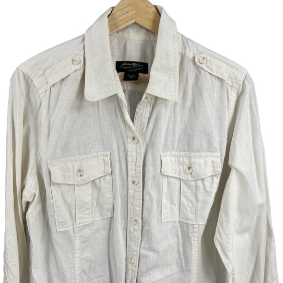 Eddie Bauer Women’s Shirt White Collared Long Sleeve Linen Cotton Roll Tab Large - Picture 7 of 7